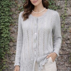 SUNDANCE Gray Pointelle Cardigan Tunic with Ruffle Trim, L